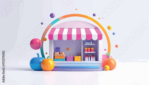 A colorful 3D illustration of a shop with a striped awning, surrounded by vibrant spheres.