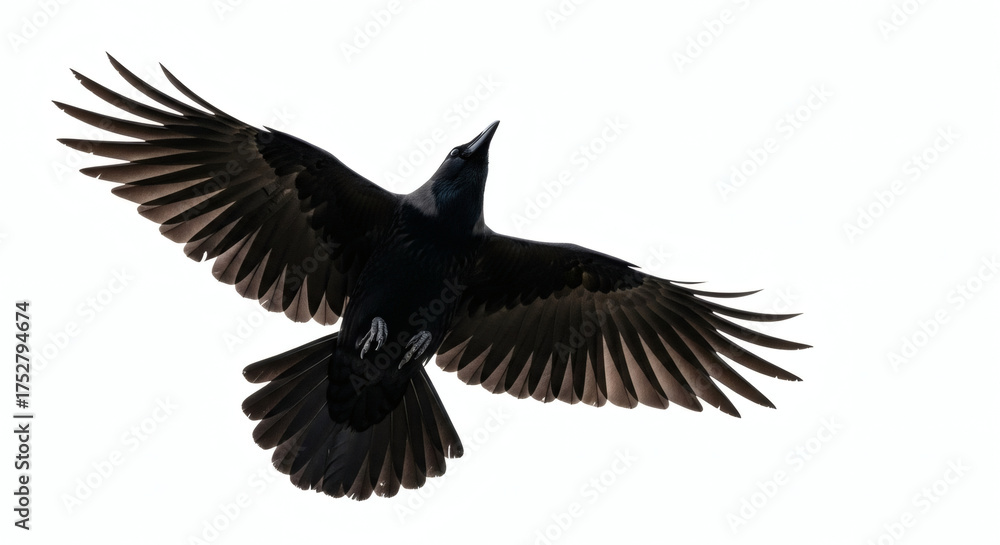 Obraz premium Majestic Black Raven or Crow in Full Flight Against Bright White Sky Background