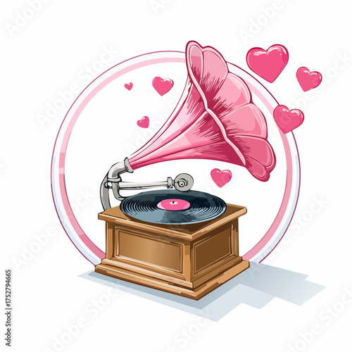 Pink Gramophone with Hearts Playing Vinyl Record.