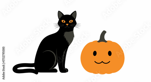 Black Cat And Smiling Pumpkin Halloween Vector Illustration