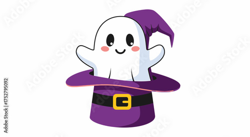 Charming Halloween Ghost Emerges From The Witch Hat Vector Illustration