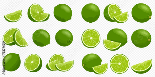 Collection of fresh green limes, whole and sliced, on a transparent background.