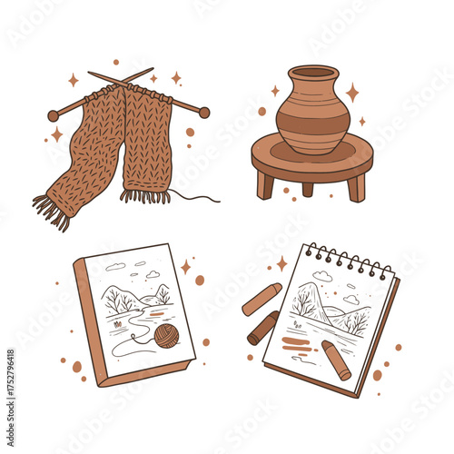 An elegant illustration showcasing diverse creative pastimes such as knitting, pottery, and sketching, highlighting the joy of handmade crafts and artistic pursuits.