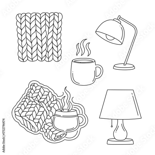 A collection of cozy line art illustrations featuring warm knitted textures, steaming beverages, and comforting lamps, perfect for hygge-inspired designs.