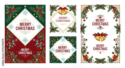 Vector art of collection of four ornate merry christmas greeting card designs with festive borders and holiday elements