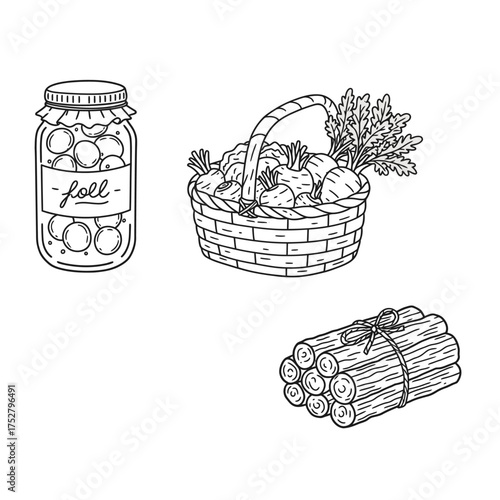 Line art illustration of a jar of preserves, a basket of fresh vegetables, and a rustic bundle of firewood, ideal for autumn harvest designs.