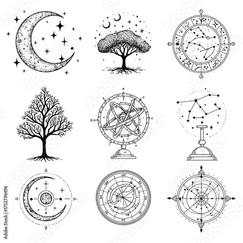 A collection of mystical celestial and natural symbols including moons, stars, trees, and astrological instruments, perfect for spiritual and esoteric designs.