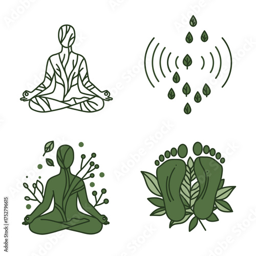 A serene collection of nature-inspired vector icons representing meditation, holistic wellness, and natural healing, fostering inner peace and mindful connection.