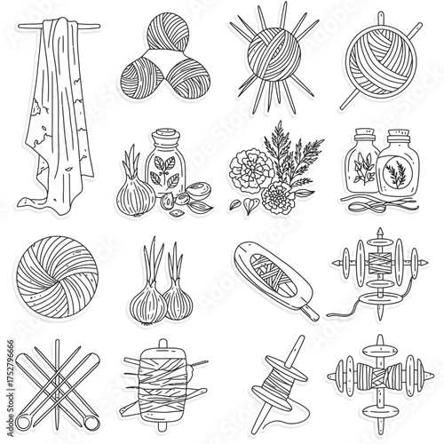 This intricate collection features line art icons depicting the natural dyeing process, yarn spinning, and essential tools for traditional textile crafts.