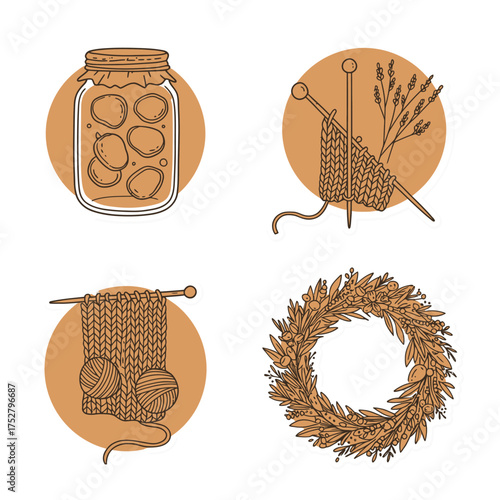 A charming collection of hand-drawn vector illustrations depicting cozy homemade activities like canning, knitting, and natural wreath crafting, perfect for autumn-inspired designs.