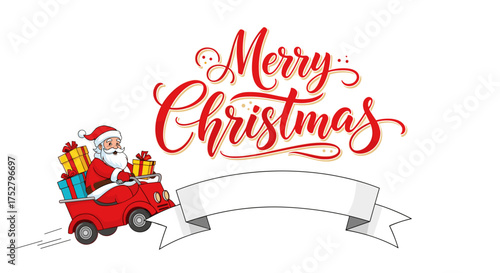 Vector art of santa claus driving a car with gifts and a merry christmas banner