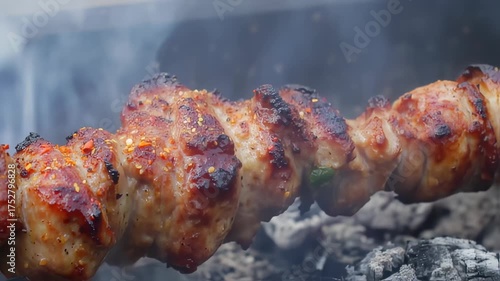 Wallpaper Mural Delicious Meat Skewers Grilling Over Hot Coals with Smoke, Outdoor Cooking BBQ concept Torontodigital.ca