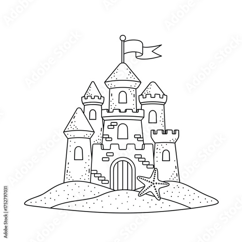 A detailed drawing of a large sandcastle on a small dune with a starfish at its base.