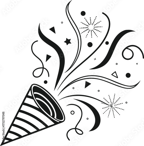 Artistic outline of a trumpet with musical notes and abstract elements isolated on transparent background