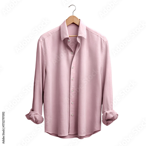 Light pink shirt draped over hanger, collar open, natural fabric fall, isolated transparent background