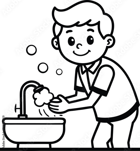 young boy washing his hands at a sink isolated line art vector illustration, young boy washing his hands at a sink coloring book design