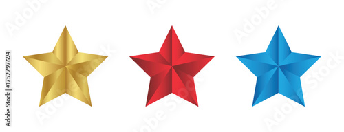 Gradient 3D Star Icon Set in Gold, Red, and Blue Colors