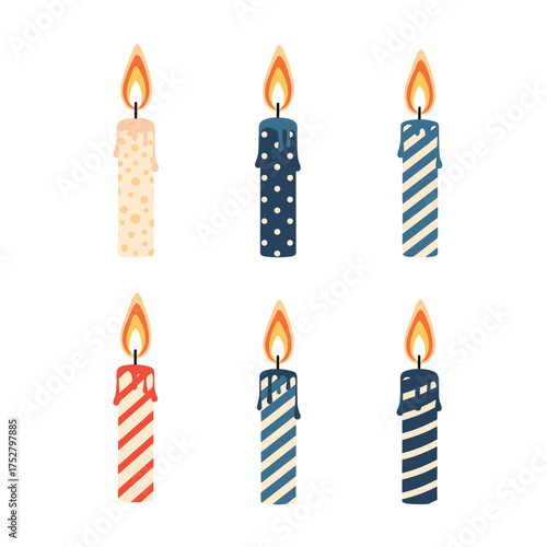 A collection of six decorated birthday candles with flames burning brightly.
