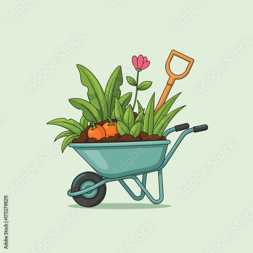 A vintage garden wheelbarrow filled with fresh vegetables and a single pink flower is ready for planting.