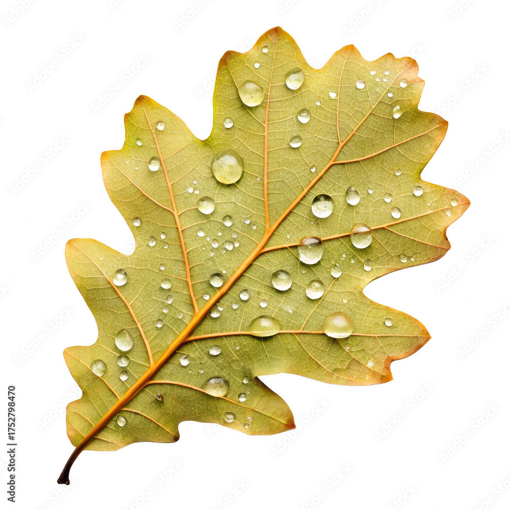 Fototapeta premium Changing leaves in Autumn PNG concept. A detailed leaf with water droplets showcasing intricate textures.