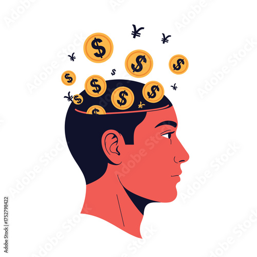 A person's head filled with coins symbolizing financial ideas and wealth generation.