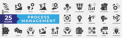 Process Management Icon Set Collection. Containing management, process, success, idea, collaboration, sustainability and change management icon. Simple Solid Vector Illustration.