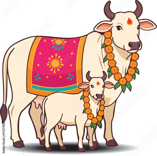 Sacred Indian Cow and Calf with Marigold Garlands Vector