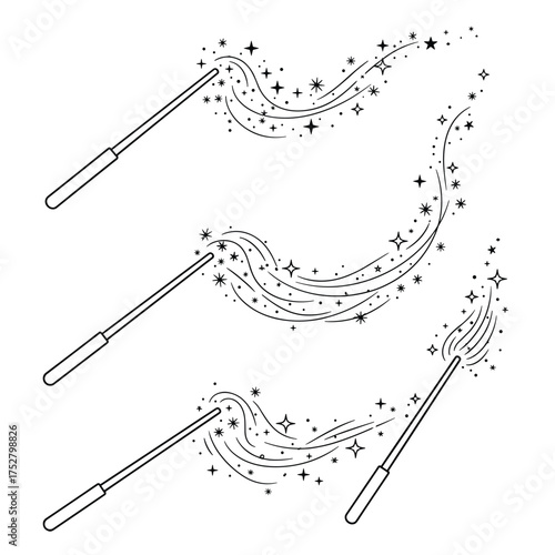 Three magical wands emitting sparkling trails of stardust and light.