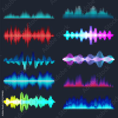 Vibrant Audio Waves Collection Representing Sound Frequencies and Digital Communication with Bright Neon Colors against a Dark Background