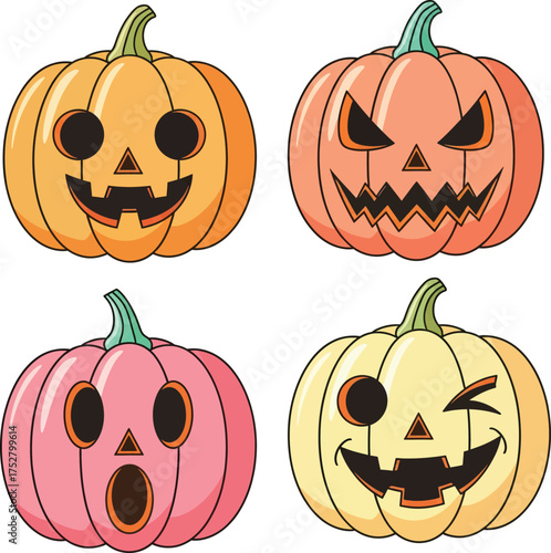 Cute Halloween Jack-o'-Lanterns Vector Set With Different Expression And Soft Color