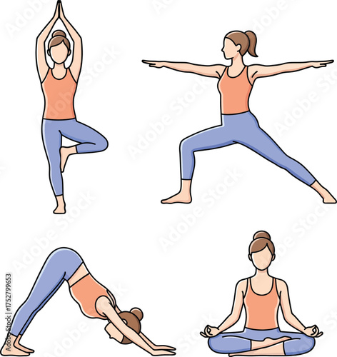 Flat Vector Illustration of Yoga Poses: Tree, Warrior, Downward Dog, and Seated