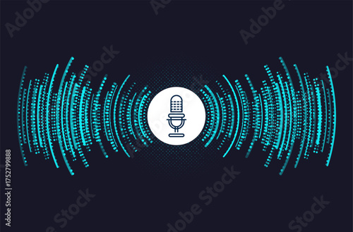 Podcast concept. Microphone with voice recording wave. Future technology