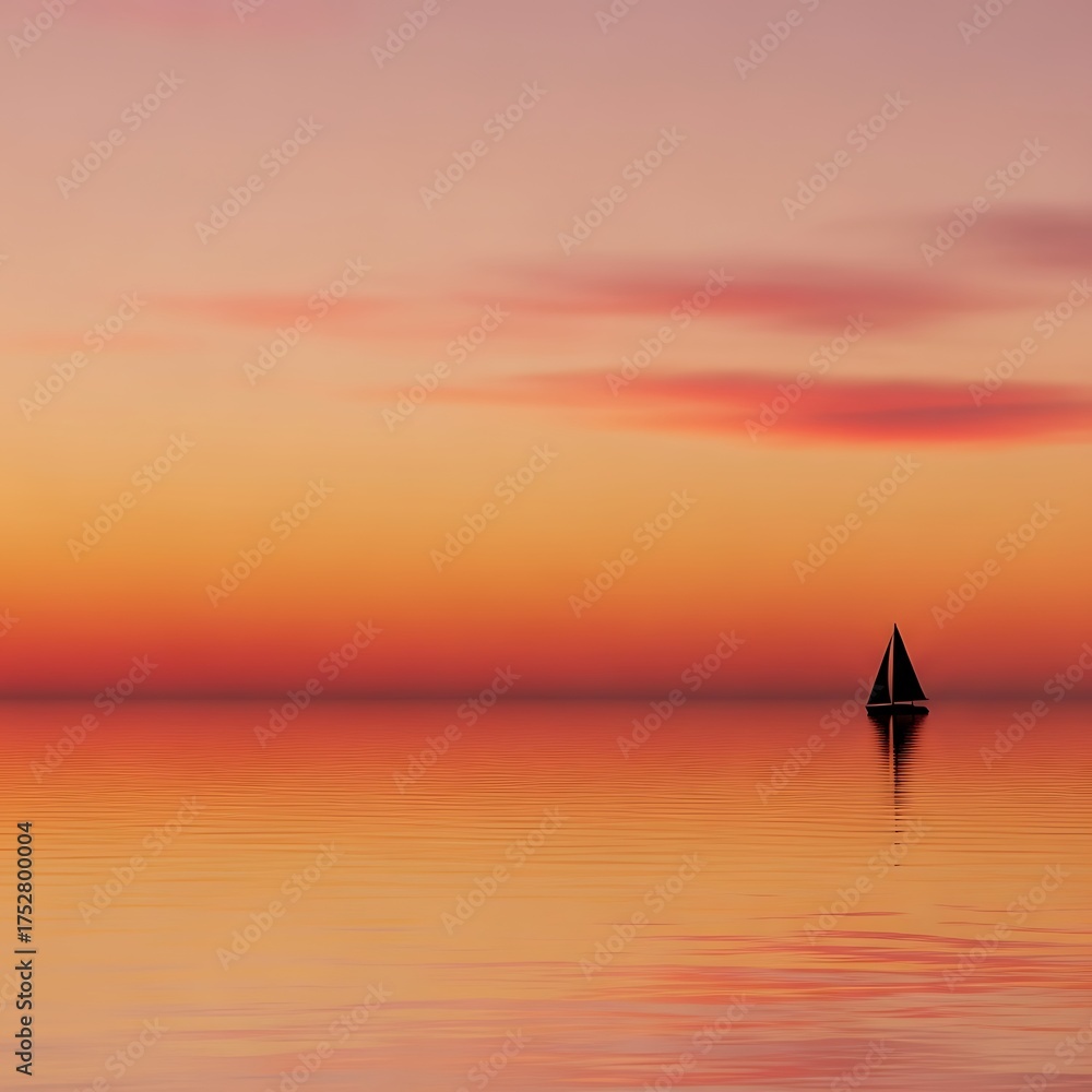Fototapeta premium Sailboat sailing on calm ocean water at sunset with beautiful sky and clouds scenic landscape view