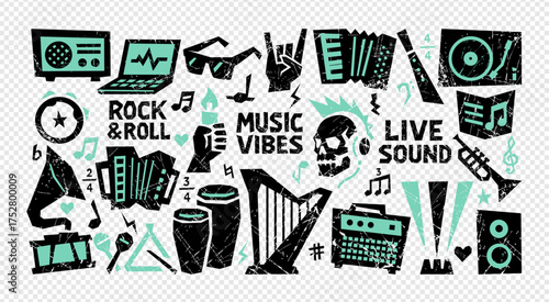 Crayon music sticker rock drawn hand punk shapes with instruments, skull and note icons. Crayon music collage vector with grunge brush texture for street pop design and retro art background.
