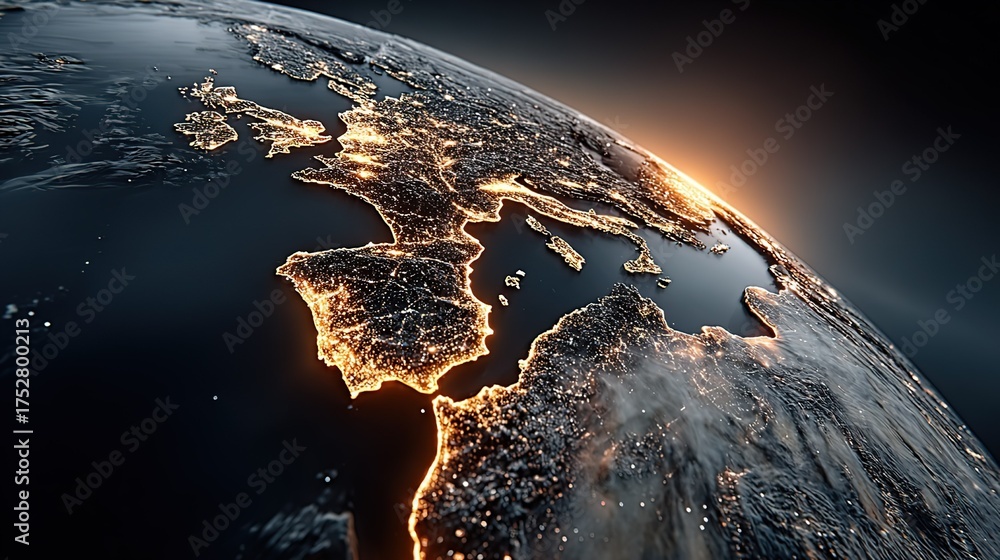 Naklejka premium Macro View of Earth Covered by Glowing Intelligent Network with Robots and Cloud Servers as Nodes, IoT Concept