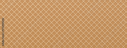 Wafer texture pattern background with diagonal grid structure. Golden brown surface, embossed lines, cross-hatched grooves form realistic waffle design. Vector seamless template for bakery graphics