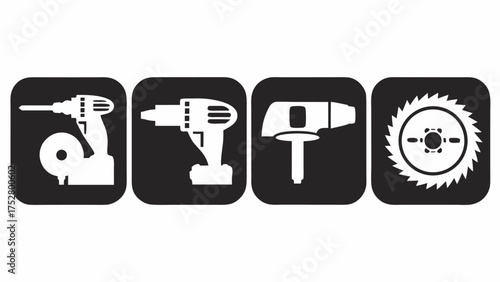 Illustrations of cordless drills and a circular saw blade in black and white squares design icons