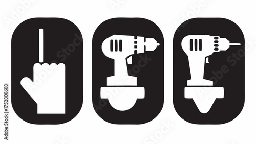 Illustration of a hand with a finger pointing up and two drills on stands in black and white color scheme