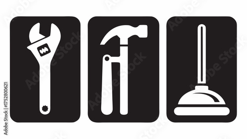 Illustration of a wrench, hammer, and plunger on a black background in a square format design style