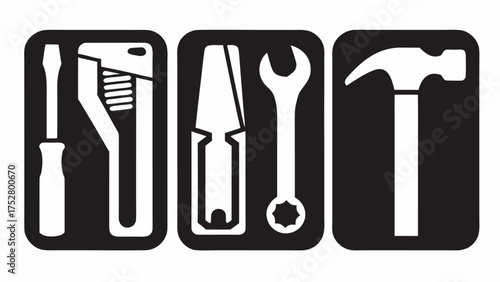 Illustration of a screwdriver, adjustable wrench, pliers, open end wrench, and hammer in black squares