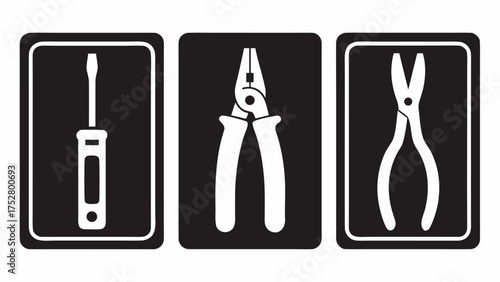 Illustration of three black and white icons showing a screwdriver and two different types of pliers tools