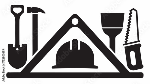 Illustration of construction tools including a shovel, hammer, hard hat, brush and saw in black and white