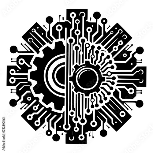 Black and white illustration of a gear merging with a circuit board, representing the fusion of mechanical and digital technology black vector icon with transparent background 