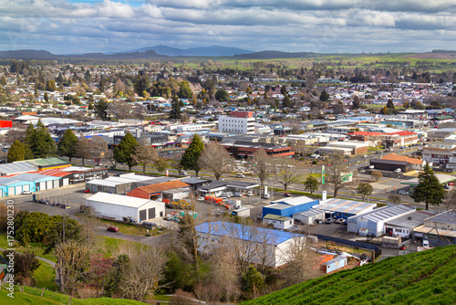 Tokoroa, New Zealand. Town in Waikato region, with economy based on timber and farming. View from Colson's hill. Pureora mountains in distance.