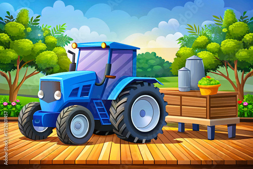 Blue modern tractor with trailer on dirt road transporting crops and tools across farmland