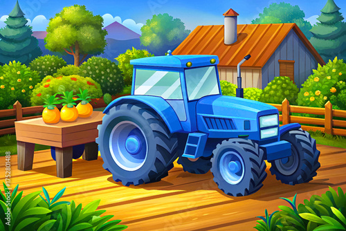 Blue modern tractor with trailer on dirt road transporting crops and tools across farmland