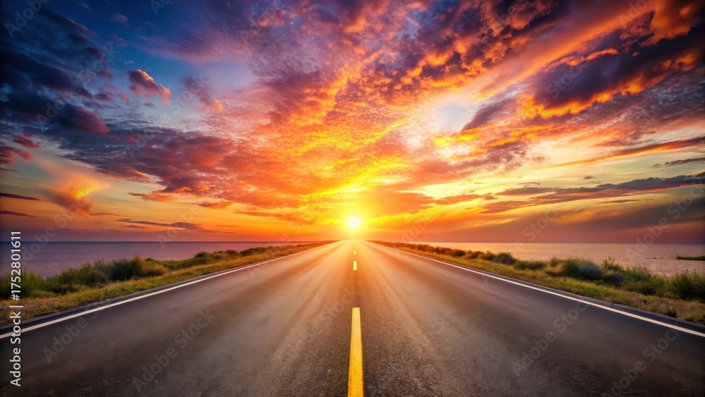 Naklejka premium Asphalt Road Leading to a Vibrant Sunset Over a Calm Ocean Horizon