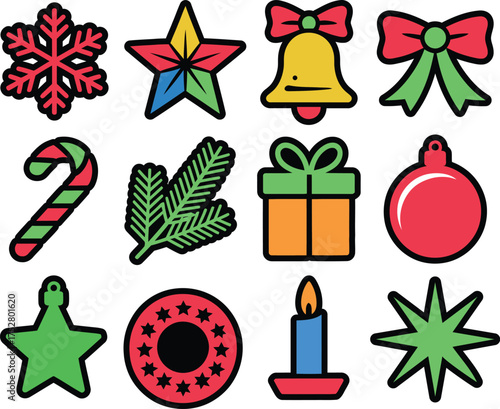 Vibrant Christmas and New Year Holiday Celebration Icons Set: Ornaments, Gifts, and Festive Symbols