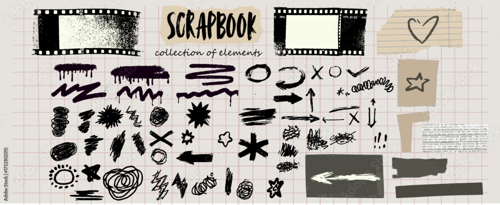 Vector illustration presents a Sketchbook elements collection on a grid background. It features black and gray tape, checkered patterns, film strips, and scribbled lines in a grunge, collage style.