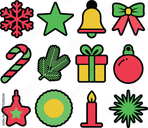 Vibrant Christmas and New Year Holiday Celebration Icons Set: Ornaments, Gifts, and Festive Symbols